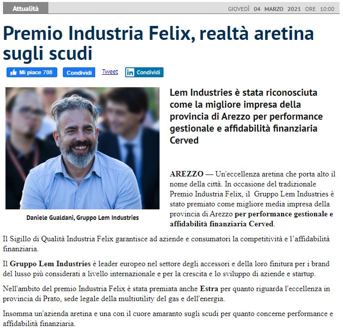 Qui News Arezzo Premio Industria Felix realt aretina sugli scudi